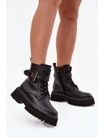 Skórzane Botki Workery Damskie Ocieplane Z Ozdobną Klamrą D&A MK52-032 Czarne Skórzane Botki Workery Damskie Ocieplane Z Ozdobną Klamrą D&A MK52-032 Czarne
