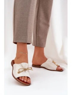 Skórzane Płaskie Eleganckie Klapki Z Kokardką Lewski 3572 Złoty Przecierany