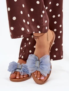 Klapki Damskie Na Płaskim Obcasie Z Tiulową Kokardą Jeansowe Tanira