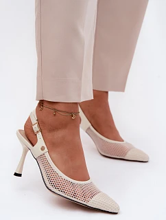 Kožené Síťované Sandály Lodičky Dámské Na Podpatku model 22123156 Světle Béžové - Maciejka