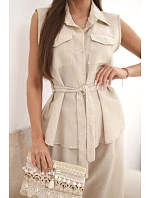 Dámský komplet s vázanou halenkou a širokými kalhotami béžový