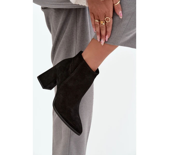 Botki Z Naturalnego Zamszu Obcas Słupek Ocieplane Czarne Zazoo 3128