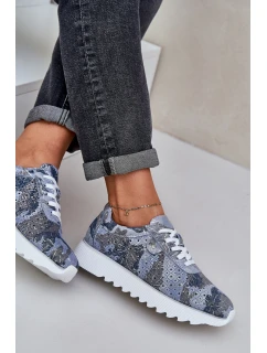 Zamszowe Wzorzyste Buty Sportowe Na Platformie Z Brokatem D&A LR51-635 Niebieskie