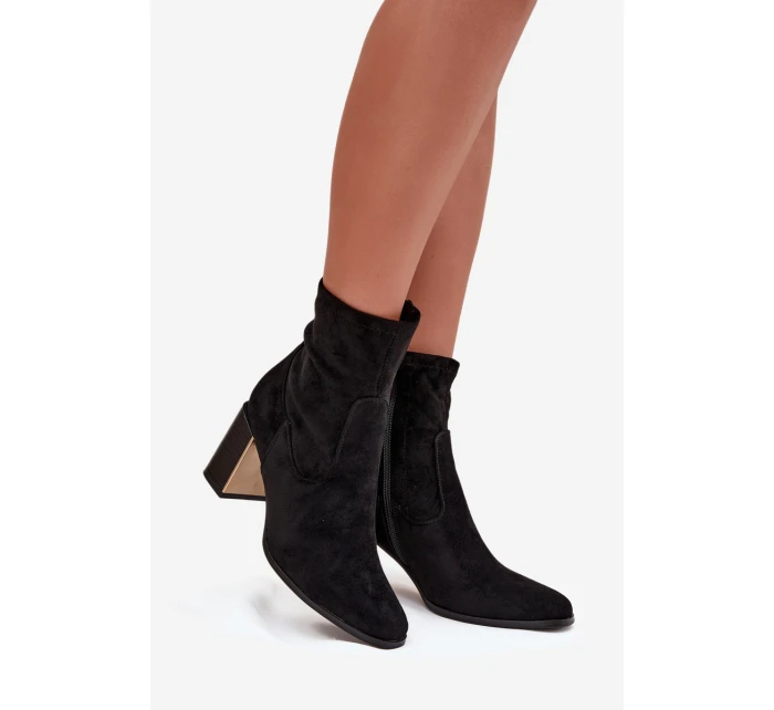 Dámske čižmy Amelisse - čierne, na podpätku, zateplené so zlatými detailmi
