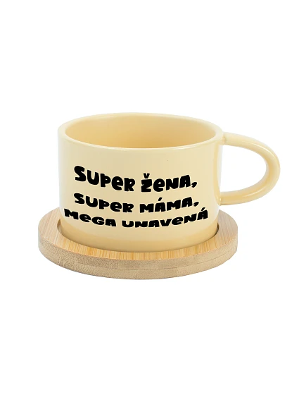 SUPER ŽENA, SUPER MÁMA, MEGA UNAVENÁ. - žlutý hrníček makronka 200 ml