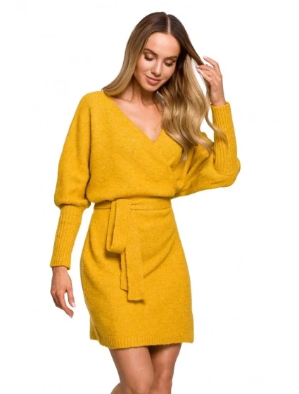 M631 Zavinovacie svetrové šaty s viazaním - medové M631 Zavinovacie svetrové šaty s viazaním - medové