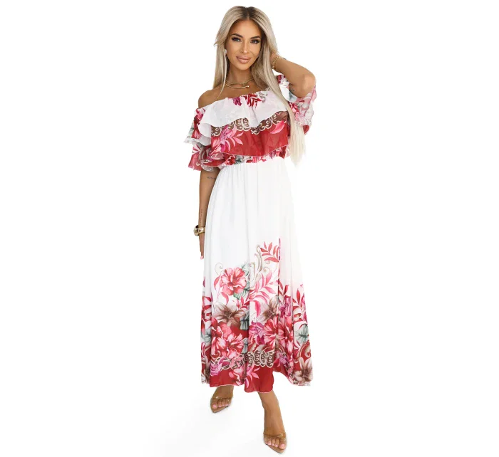 Dlouhé letní španělské šaty s červeným květinovým model 21176213 - numoco basic Dlouhé letní španělské šaty s červeným květinovým model 21176213 - numoco basic