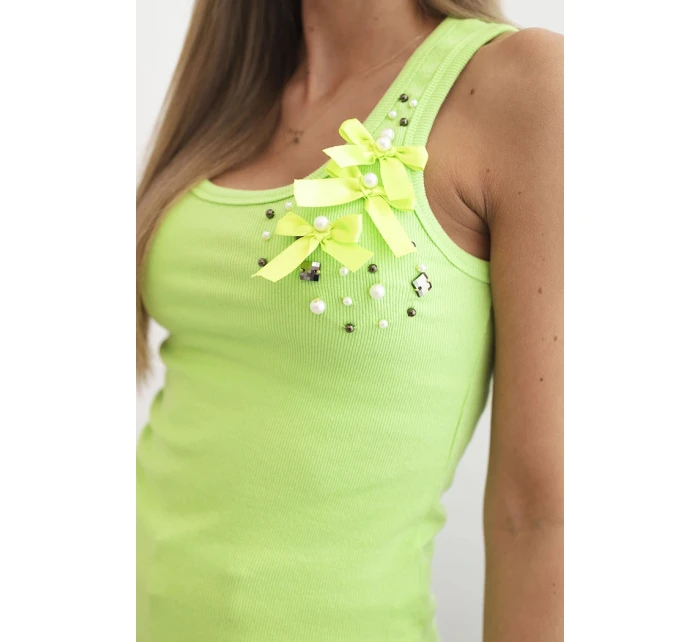 Dámský žebrovaný top z bavlny s květinovou aplikací zelená