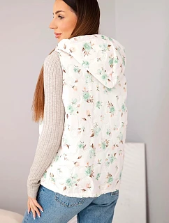 Dámska prešívaná vesta s kapucňou a kvetinovým vzorom mentolová