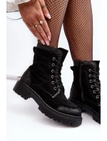 Zdobione Botki Workery Damskie Na Suwak Czarne Santelia Zdobione Botki Workery Damskie Na Suwak Czarne Santelia