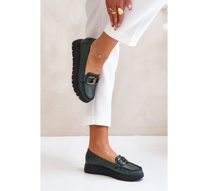 Zazoo 10141 Skórzane Mokasyny Na Platformie Z Ozdobą Ciemnozielone