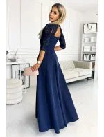 AMBER Tmavě modré elegantní dámské dlouhé krajkové šaty s výstřihem model 18012873 - numoco AMBER Tmavě modré elegantní dámské dlouhé krajkové šaty s výstřihem model 18012873 - numoco