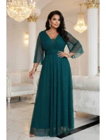 654-1 Dlhé lesklé plus size šaty s výstrihom a priehľadnými rukávmi - fľaškovo zelené 654-1 Dlhé lesklé plus size šaty s výstrihom a priehľadnými rukávmi - fľaškovo zelené