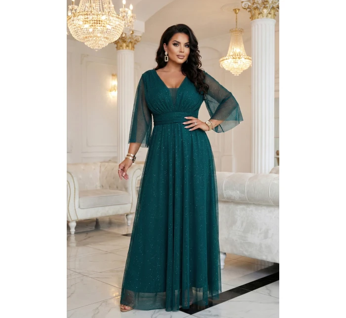 654-1 Dlhé lesklé plus size šaty s výstrihom a priehľadnými rukávmi - fľaškovo zelené 654-1 Dlhé lesklé plus size šaty s výstrihom a priehľadnými rukávmi - fľaškovo zelené