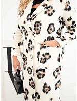 Dámský elegantní kabát Plus Size s klopami v leopardí vzor ecru