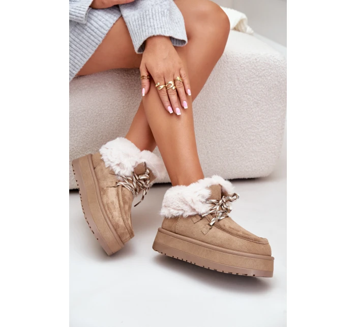 Niskie Śniegowce Damskie Na Platformie Z Futerkiem Ciemnobeżowe Neathren Niskie Śniegowce Damskie Na Platformie Z Futerkiem Ciemnobeżowe Neathren