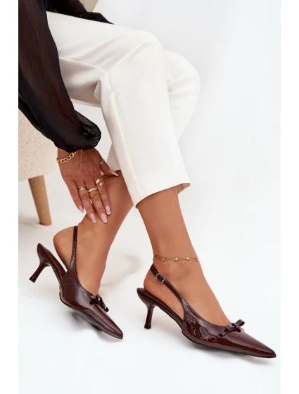 Lakierowane Czółenka Na Szpilce Z Kokardką Czekoladowe Olvena