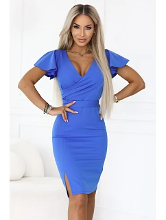 model 22102281 NINA elegantní šaty s obálkovým výstřihem, rukávy a páskem královská modř - numoco