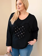 Dámske bavlnené Plus veľkosť V-neck blúzka čierna