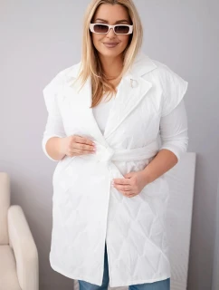 Dámská vesta Plus Size prošívaná s páskem a límcem bílá