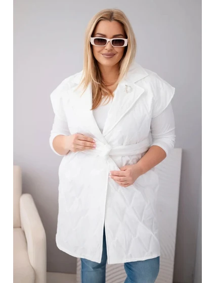 Dámske Plus veľkosť prešívaná vesta s opaskom a golierom biela