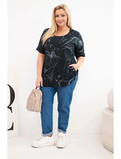 Dámská bavlněná halenka Plus Size s krátkým rukávem a kapsou černá
