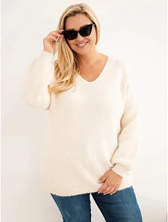 Dámský svetr Plus Size z vlnou s výstřihem do V béžový
