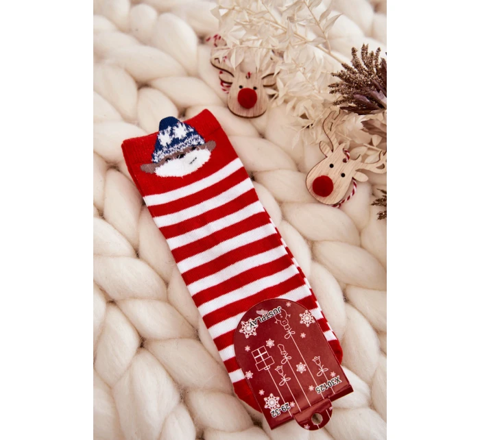 Młodzieżowe Skarpety W Paski Z Misiem Biało-Czerwone