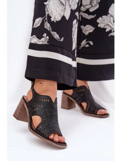 Ażurowe Sandały Damskie Na Słupku Czarne Tosine