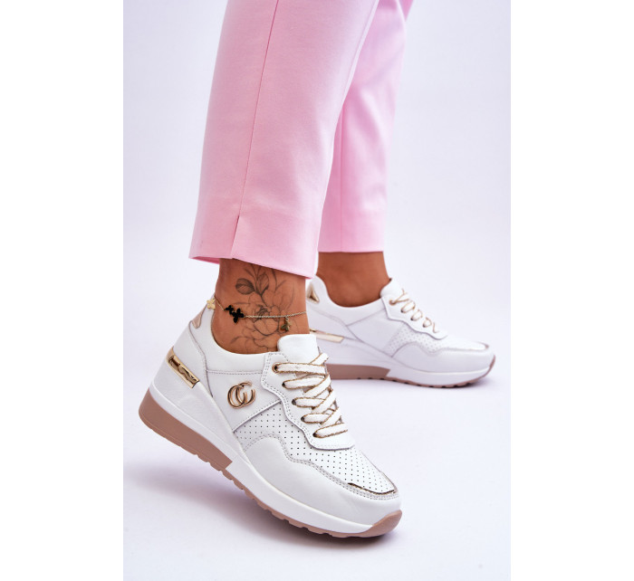 Dámska kožená športová obuv na klínku bielo-zlatá Rebeca