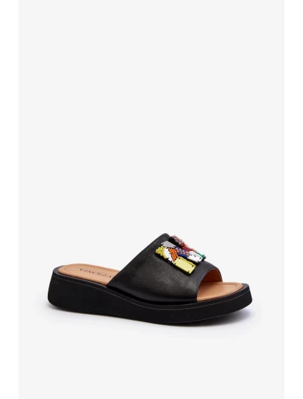 Dámske kožené papuče s čiernym lemovaním Asames