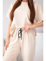 Dámská bavlněná souprava halenka s krátkým rukávem a teplákové kalhoty béžová