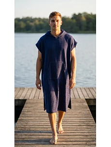 Pánske vafľové pončo Saimaa s kapucňou v farbe Midnight Sapphire
