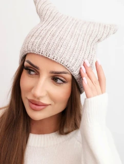 Dámska zimná vlnená čiapka v mačacom strihu z rebrovaného úpletu K419 béžová