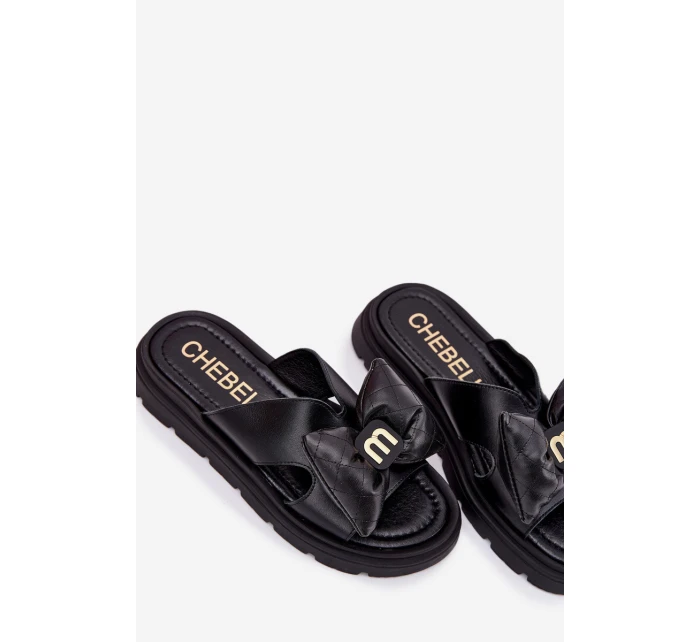 Skórzane Klapki Damskie Na Platformie Z Kokardą CheBello 4647 Czarne