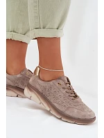 Kožené semišové dámské tenisky s otvory model 22026508 světle hnědé - SERGIO LEONE