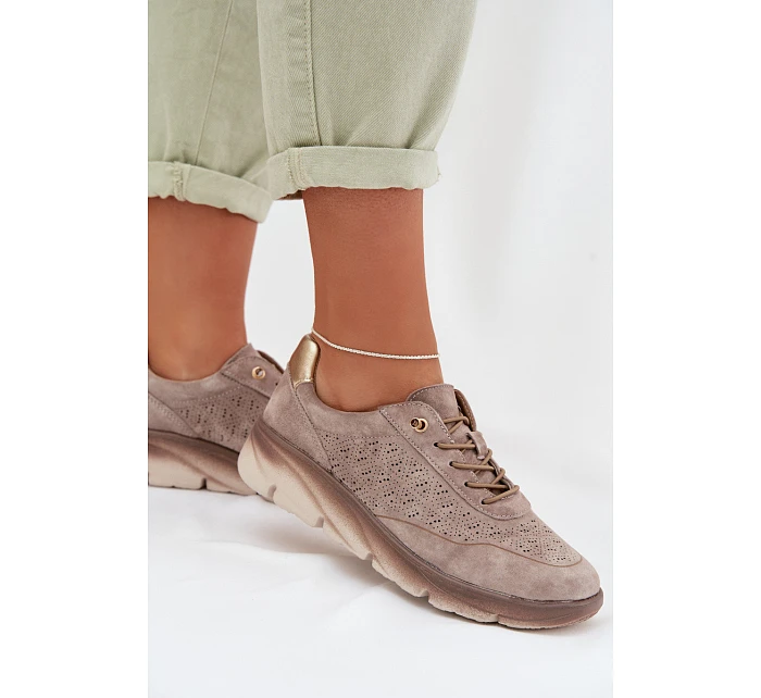 Kožené semišové dámské tenisky s otvory model 22026508 světle hnědé - SERGIO LEONE