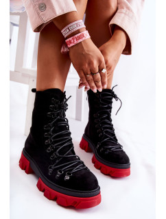 Teplé semišové pracovné topánky Pierro s uzlami čierno-červené