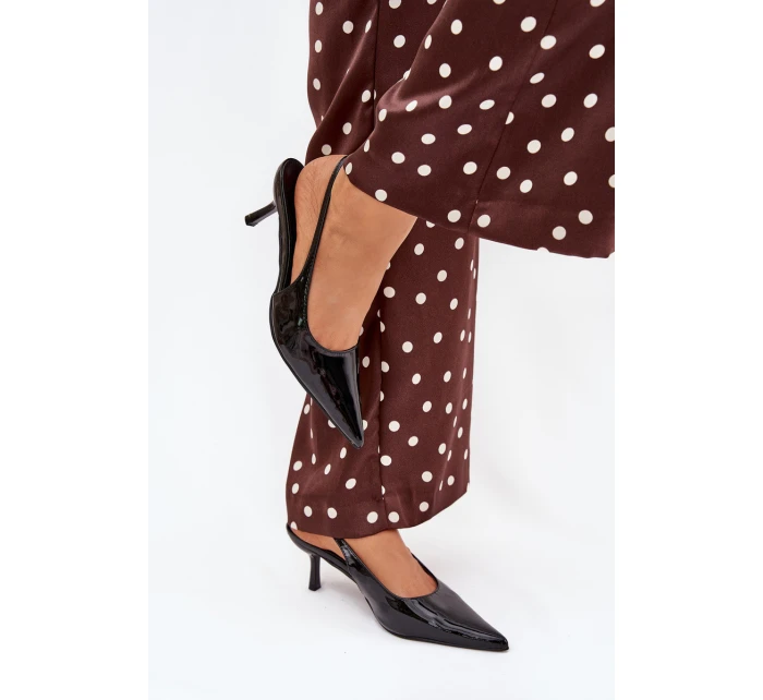 Dámské lakované lodičky na jehlovém podpatku s odkrytou patou Talira – černé Dámské lakované lodičky na jehlovém podpatku s odkrytou patou Talira – černé