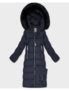 Dámska dlhá zimná bunda s kapucňou tmavomodrá (7688)
