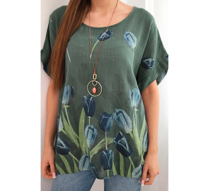 Dámská bavlněná košile s květinovým vzorem tmavé khaki