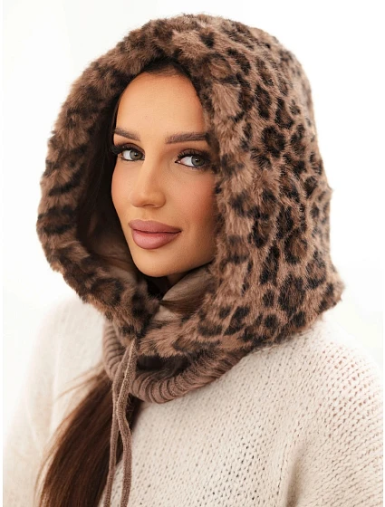 Dámská čepice kapuce model 22385033 leopardí s vázáním fango zelená - K-Fashion
