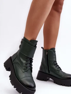 Skórzane Workery Botki Damskie Zielone Lemar Anceria