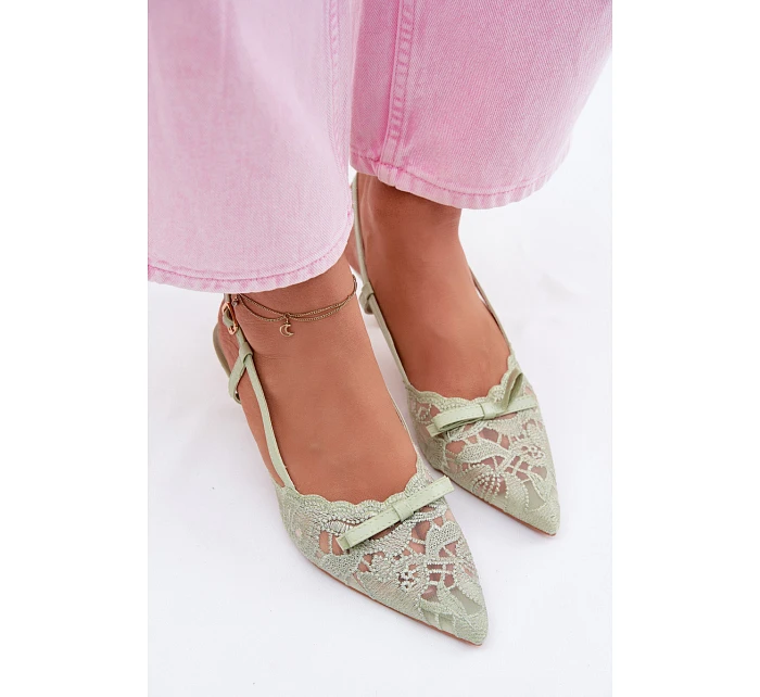 Krajkové dámské sandály na podpatku s mašlí zelené Maribelle