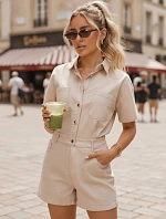Dámske krátke džínsové overaly s gumou v páse, béžové, FashionStreet EY2689