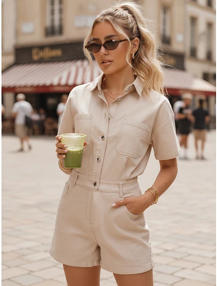 Dámske krátke džínsové overaly s gumou v páse, béžové, FashionStreet EY2689 Dámske krátke džínsové overaly s gumou v páse, béžové, FashionStreet EY2689