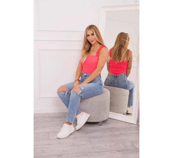 Blúzka s volánikmi bez ramienok ružová neónová