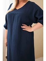 Dámské plus size bavlněné mušelínové šaty s výstřihem do V námořnická