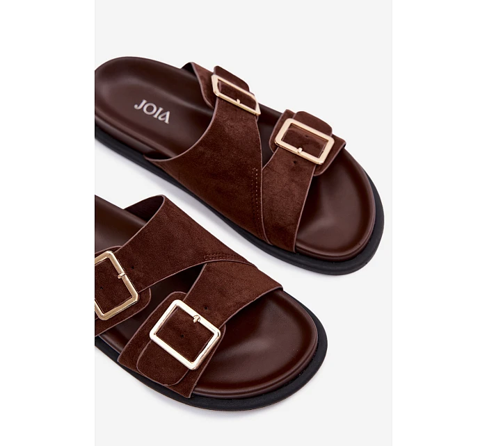 Dámské pantofle z imitace semiše s zlatými přezkami čokoládové model 22102893 - Boto Dámské pantofle z imitace semiše s zlatými přezkami čokoládové model 22102893 - Boto