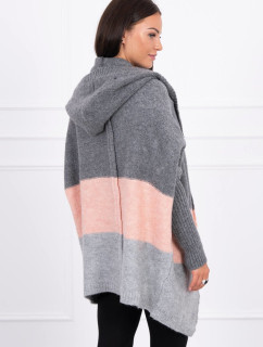 Trojfarebný sveter s kapucňou grafitová+púdrovo ružová+sivá